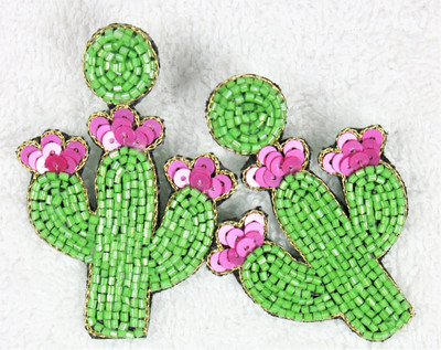 quirkify Cactus Beaded Fabric Earrings for Women & Girls | Handmade Dangler Set Fabric Earring Set