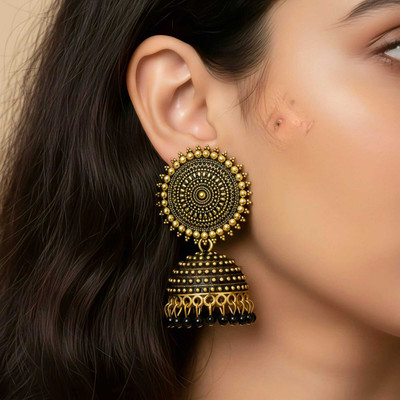 BALKI Ethnic Gold Plated Traditional Black Beaded Jhumki Earring for Women Alloy, German Silver Jhumki Earring