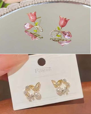 LBTK light weight zircon stud earrings for women and girls(Combo of 2) Cubic Zirconia, Pearl, Zircon, White Zircon Alloy Stud Earring