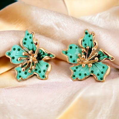 Lucky Jewellery Designer Gold Plated Floral Turquoise Color Stud Tops Earring For Girls & Women Brass Stud Earring