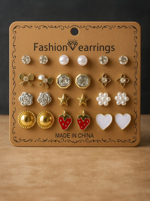 LYRISS set of 12 stud earrings for women's and girl's Beads Stainless Steel Earring Set