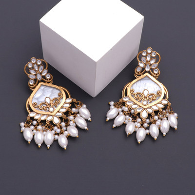 BELWICK Traditional Gold Plated White Pearl Kundan Chandbali Earring for Women Beads Alloy Chandbali Earring, Clip-on Earring