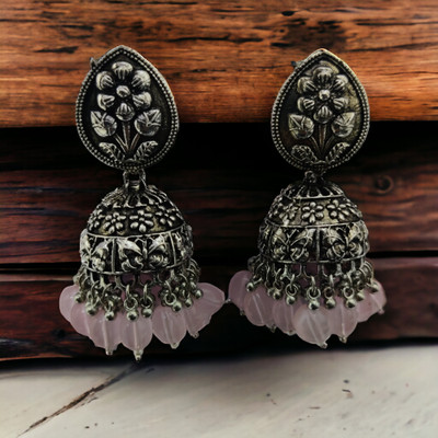 Opal Touch Exquisite Oxidized Jhumkas with delicate Hanging Moti Cubic Zirconia Brass Jhumki Earring