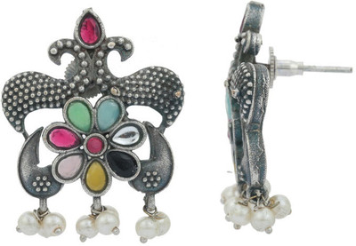 V L IMPEX Peacock Theme Mix Glass Stone Antique Silver Earrings Brass Stud Earring