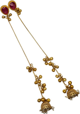 Sajobhi Sajobhi Kashmiri Long Chain Earrings with Ruby Stone and Jhumka Bells Brass Jhumki Earring, Drops & Danglers