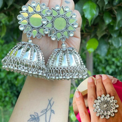 Ashir Oxidised mirror silver jhumki Earrings with ring for women and girls Alloy Jhumki Earring