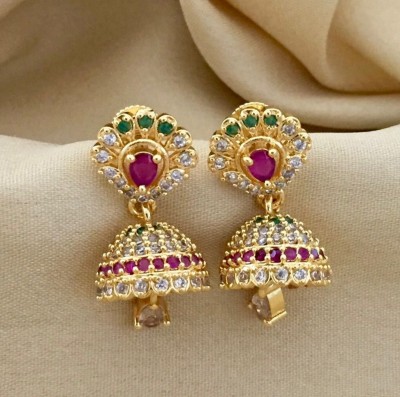 PBM CREATIONS GOLD PLATED AD STONE WEDDING JHUMKI / HOOPS / PEARL STUD / KOREAN EARRING Copper Drops & Danglers, Jhumki Earring