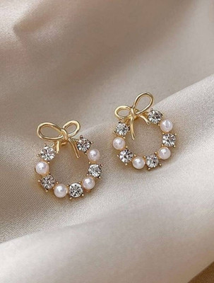 HM Creations Round Crystal Wreath Bow Stud Earrings Cubic Zirconia Alloy Stud Earring Alloy Stud Earring