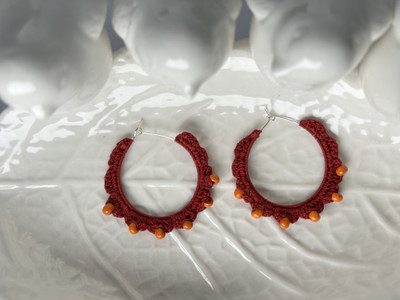 NaipunyaCraft Red Crochet with artificial bead hoop loop earring Silk Dori Hoop Earring