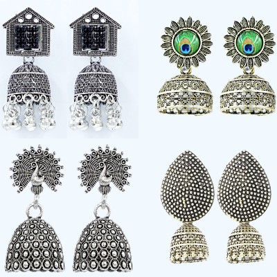 Flaring Traditional ethnic combo of 4 pair Silver and Gold oxidized jhumkas Alloy Jhumki Earring