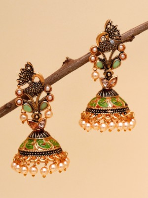 Karatcart Gold Plated Light Green Stone Studded Peacock Shape Alloy Jhumki Earring