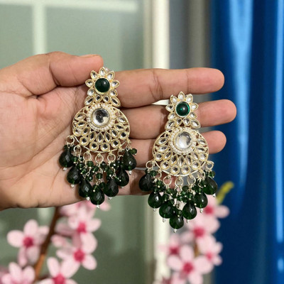 SAZOYA Gold-Plated Kundan Earrings with green Beads – Ethnic Drop Chandbalis for Women Alloy, Metal Drops & Danglers