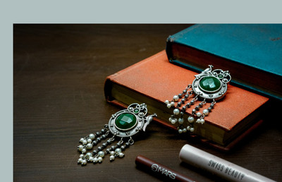 MIRA JEWELS German silver Chandbalis with peacock design and green stone German Silver Chandbali Earring