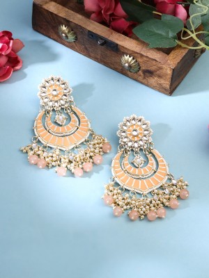 YELLOW CHIMES Gold Plated Pink Meenakari Chandbali Earrings | Beads Metal Chandbali Earring