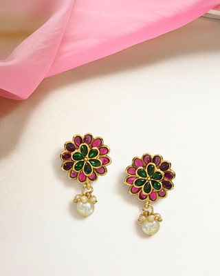 Orangenysha Rajwadi Gold Kempu Stones Studded Temple Contemporary Stud Earrings Pearl Brass Stud Earring