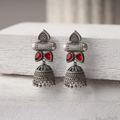 Sanseeta Taal- Silver Brass Oxidised jhumka earrings(Red) Zircon Brass Jhumki Earring
