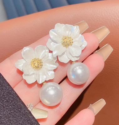 AKISON JEWELS Pearls Drop Flower Earrings For Women Floral Earrings For Women Korean Earrings Pearl Alloy Earring Set, Drops & Danglers
