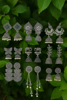 JV CREATION Silver (pack of 9) Latest Designer Trendy Earring Set for Women and Girls Cubic Zirconia Alloy Earring Set