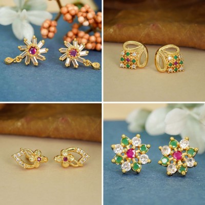 Dency Shiny Luxury Combo of 4 Glossy 22K Gold-Plated Earrings Crystal, Diamond Brass Stud Earring