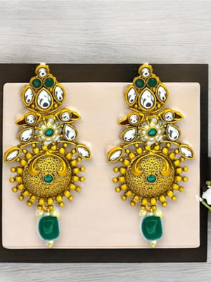 ANOUK Gold Plated Traditional Kundan and Emerald Green Stones Dangel earring Brass Drops & Danglers
