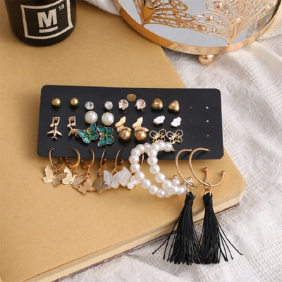 TVI Combo of 17 Pair Golden Butterfly Heart Stud/Tassel Pearl Hoop Earring For Women Cubic Zirconia Alloy Stud Earring