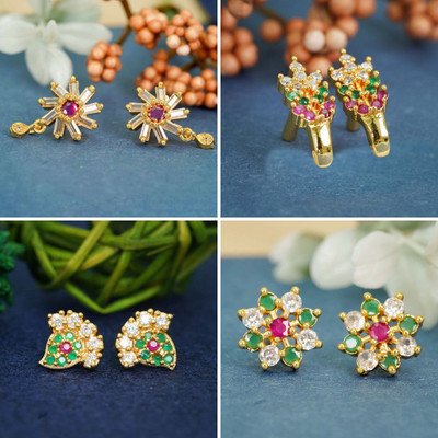 Dency Everyday Shine Combo of 4 with 22K Gold-Plated Studs Crystal, Diamond Brass Stud Earring