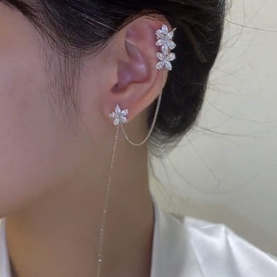 Stylish Loox Korean Floral Studded Ear Cuff Threader 2Pcs/Set Zircon Alloy Cuff Earring, Ear Thread, Drops & Danglers