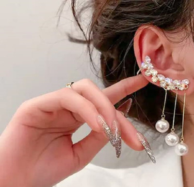 JDENTERPRISES Korean Studded Ear Cuff Pearl Tassel Drop Earrings For Women/Girls Cubic Zirconia Alloy Drops & Danglers