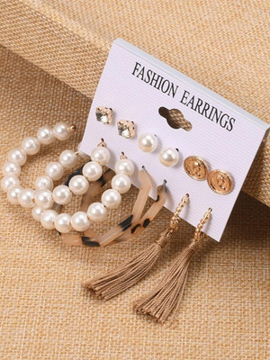 Dressberry Combo Of 6 Pair Gold Plated Stud, Tassel Drop And Pearl Hoop Earring For Women Pearl Alloy Hoop Earring