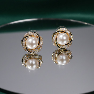 Glamshe Crimson Bloom White Stone & Crystal Stud Earrings for Girls & Women Pearl Alloy Stud Earring