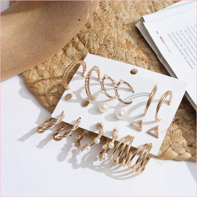 VIDALI Combo of 9 Pair Golden Triangle Pearl Stud / Twisted Hoop Earring For Women Pearl Alloy Hoop Earring