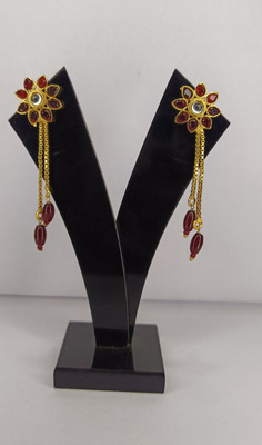 MK Gallery Red Beaded Maroon Kundan Floral Earrings Cubic Zirconia Copper Drops & Danglers