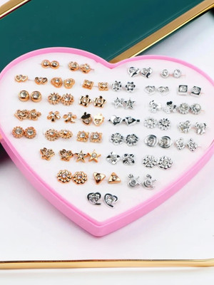 DIVINE 36 pair Silver & Gold stones s combo with heart shape box for Girls. Plastic Stud Earring