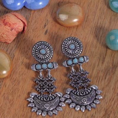 StylishKudi Mint stone studded Rajwada Style Statement Danglers German Silver Stud Earring, Jhumki Earring