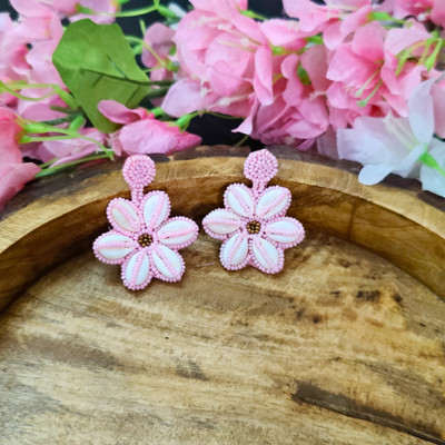 MASHBA Beaded Flower Shape Pink Color Drop Earrings For Women And Girls Beads Fabric Drops & Danglers