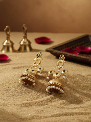 Fashion Fusion Gold Plated Black Stone Pearl Jhumka Earrings Brass Jhumki Earring