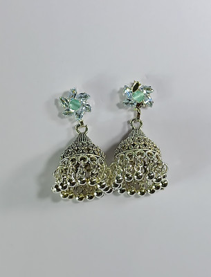 AZTAZ Flower stud jhumka earrings designer tassel drop oxidised silver Alloy Chandbali Earring