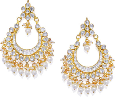 House of Pataudi Gold-Plated Classic Jadau Kundan Chandbali Drop Earrings with Pearl Brass Chandbali Earring