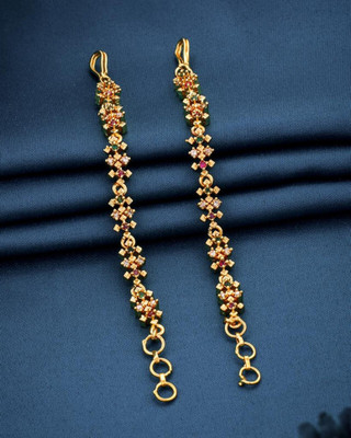Pushp Creation 1 Gram Gold Plated A.D. Studded Earchain/Kanser/Kaan Chain For Women And Girls. Cubic Zirconia Brass Ear Thread