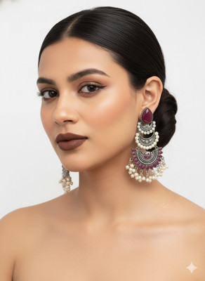 brassjewel Stunning long earrings crafted in elegant silver, featuring a radiant red stone Beads Brass Stud Earring