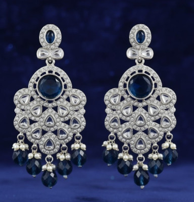 ABC Royal Blue Kundan Chandbali Earrings with Pearl Drops Alloy Chandbali Earring, Jhumki Earring, Stud Earring, Plug Earring, Drops & Danglers