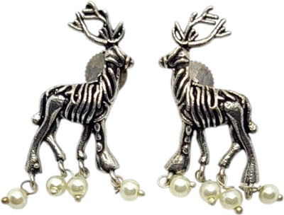 Shree Ju Trending And Unique Pearl Deer Oxidized Designed Tops Earring For Women Girls Pearl, Beads Brass Drops & Danglers, Huggie Earring, Plug Earring, Stud Earring, Earring Set