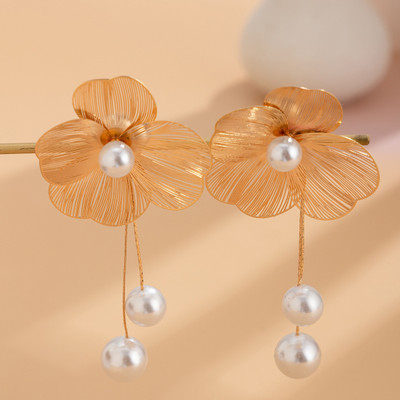 Dressberry Long Earrings for women Chain korean earings for girl Stylish Moti flower golden Pearl Gold, Alloy, Mother of Pearl Earring Set, Drops & Danglers