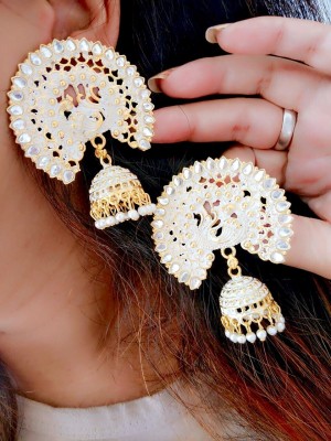 Fashion Frill Golden White Dancing Peacock Brass Jhumki Earrings For Women & Girls Brass Earring Set