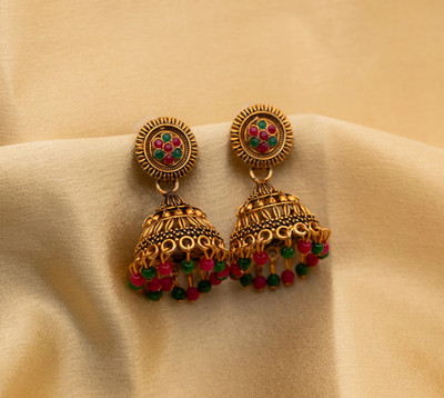 YOGINI JEWELS Antique Gold Floral Jhumka Earrings with Red & Green Beads FOR GIRLS AND WOMEN Beads Brass Jhumki Earring, Earring Set, Stud Earring, Jhumki Earring