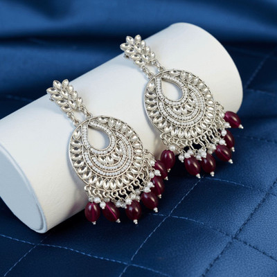 TESSARA Kundan & Pearl Long Drop Earrings with Buti & Jhumar Design – Wine Color Alloy Drops & Danglers