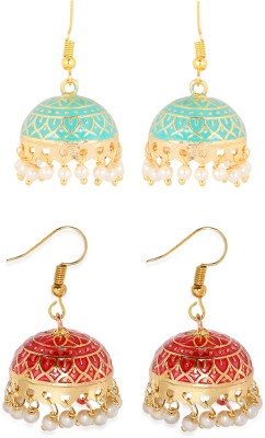 Oomph Combo of 2 Mint Green & Red Meenakari Enamel Floral Delicate Jhumka Beads, Crystal Alloy Jhumki Earring