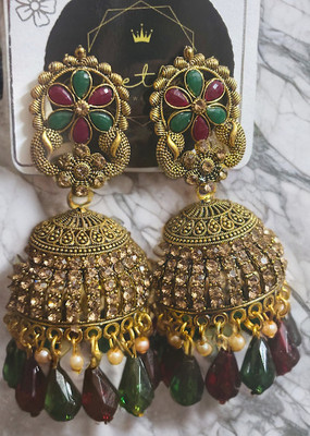 SAKETHAM GOLDEN EMRALD AND RUBY COLOUR Alloy Jhumki Earring