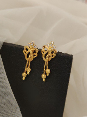 GlanzReich Gold Plated Floral Earrings with White Stones & Hanging Chains Brass Earring Set