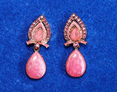 SSDINDMKT Rose Gold Tone Pink Enamel Teardrop AD STONE Earrings Crystal Metal Jhumki Earring
